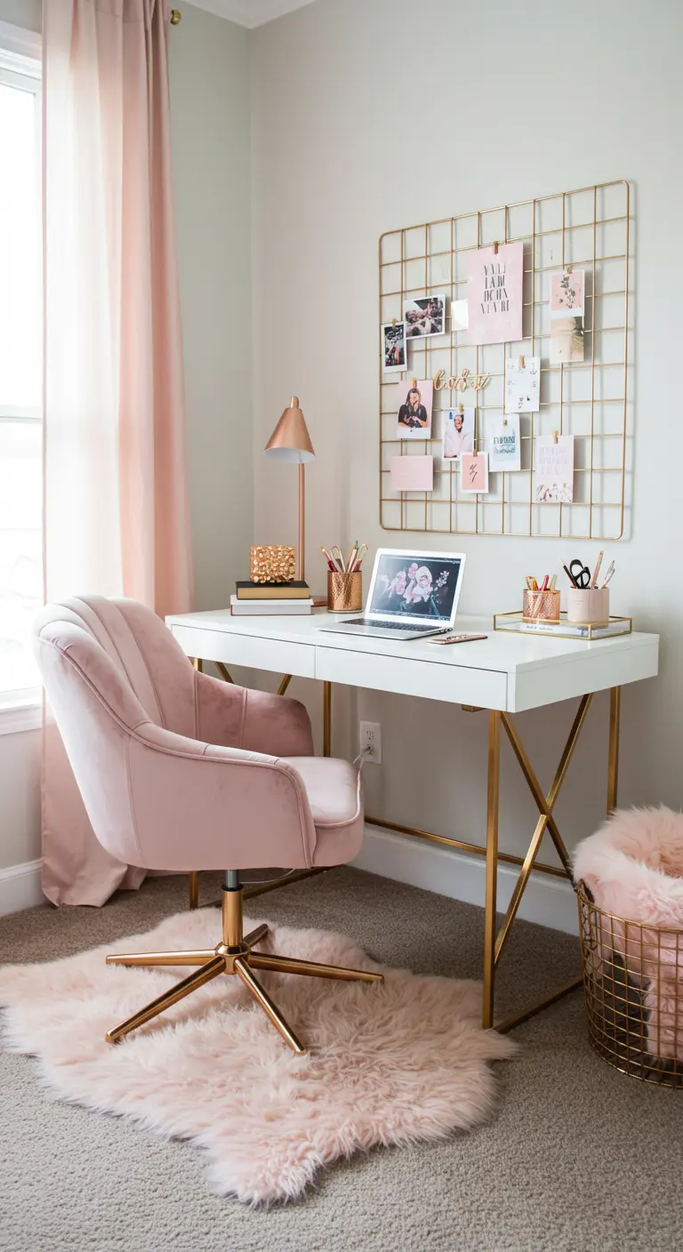 Rincón de trabajo femenino con escritorio blanco y dorado, silla de terciopelo rosa y una alfombra de pelo.