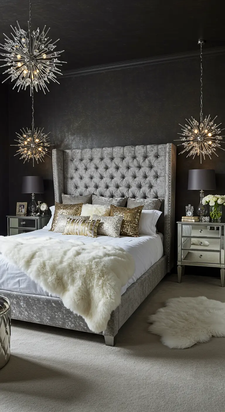 Dormitorio glamuroso con lámparas Sputnik, cabecero de terciopelo gris y detalles dorados.