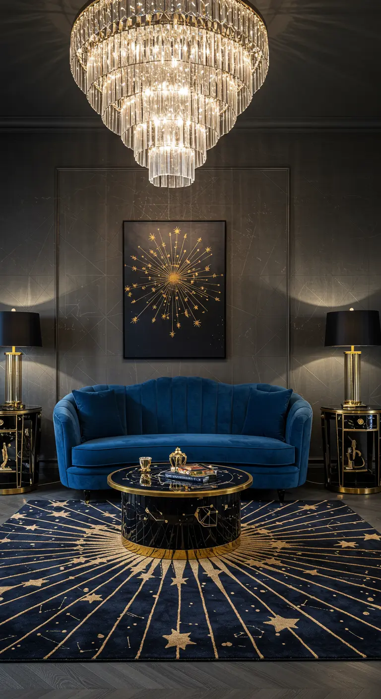 Sala de estar Art Deco con sofá de terciopelo azul, alfombra celestial y detalles dorados.