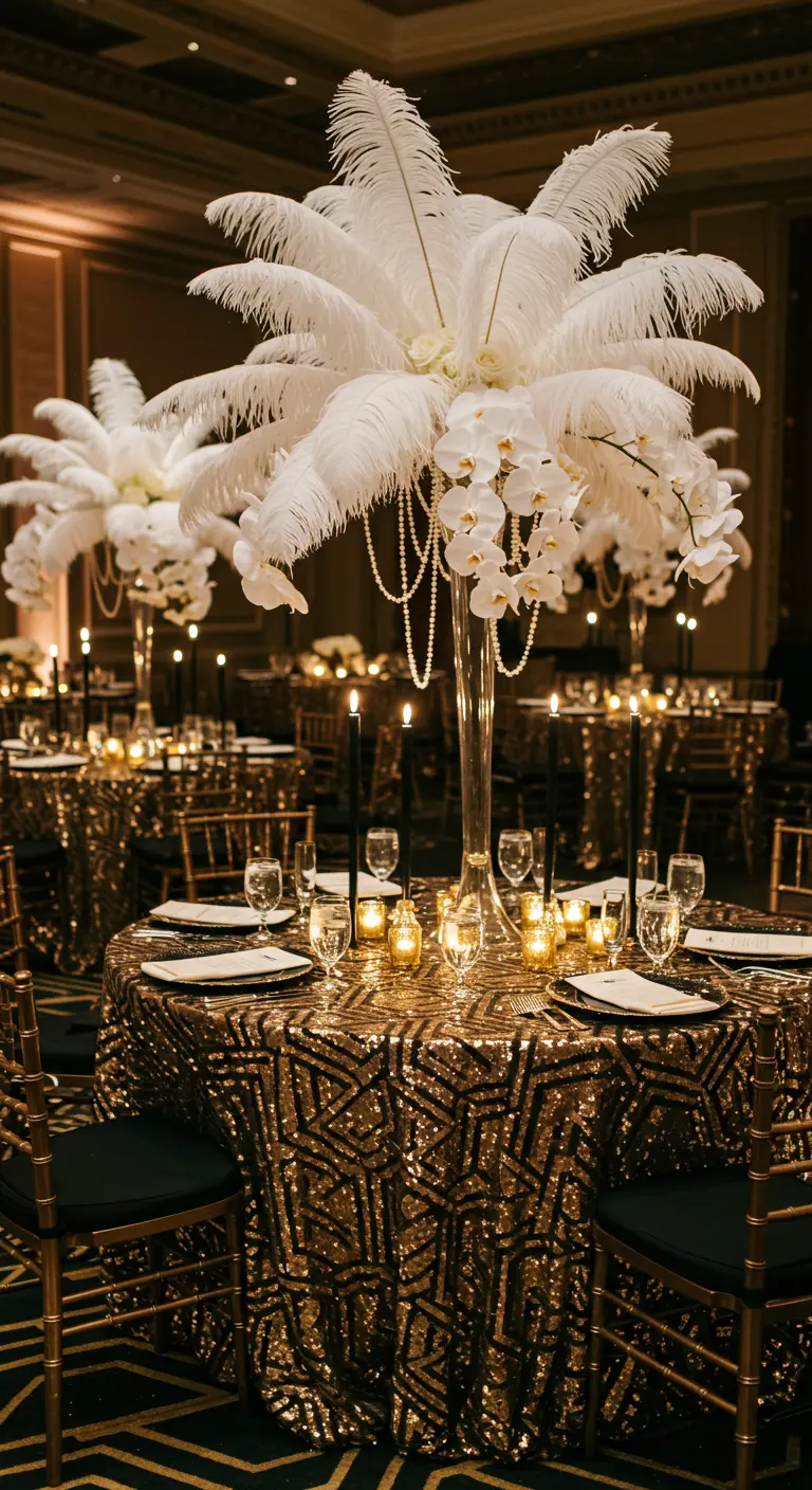 Mesa de boda estilo Gran Gatsby con mantel de lentejuelas doradas y centro de plumas.