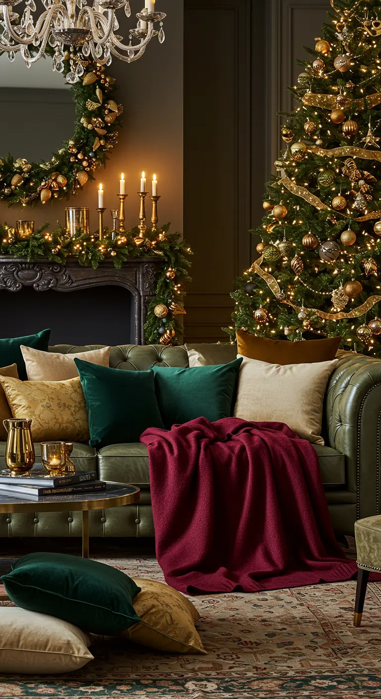 Salón elegante con árbol de Navidad, sofá de cuero verde y cojines de terciopelo.