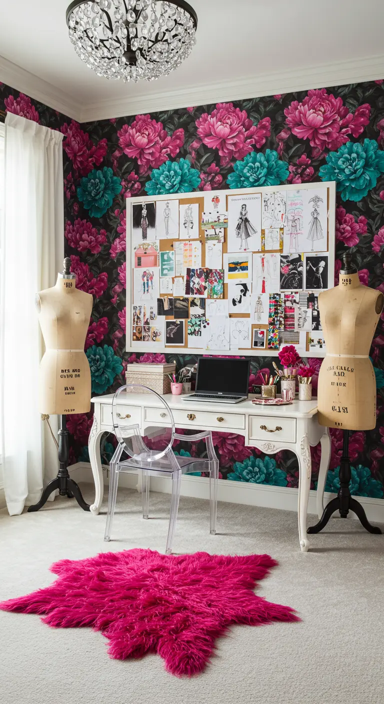 Estudio de diseño de moda con papel pintado de flores vibrantes, un escritorio blanco y maniquíes.