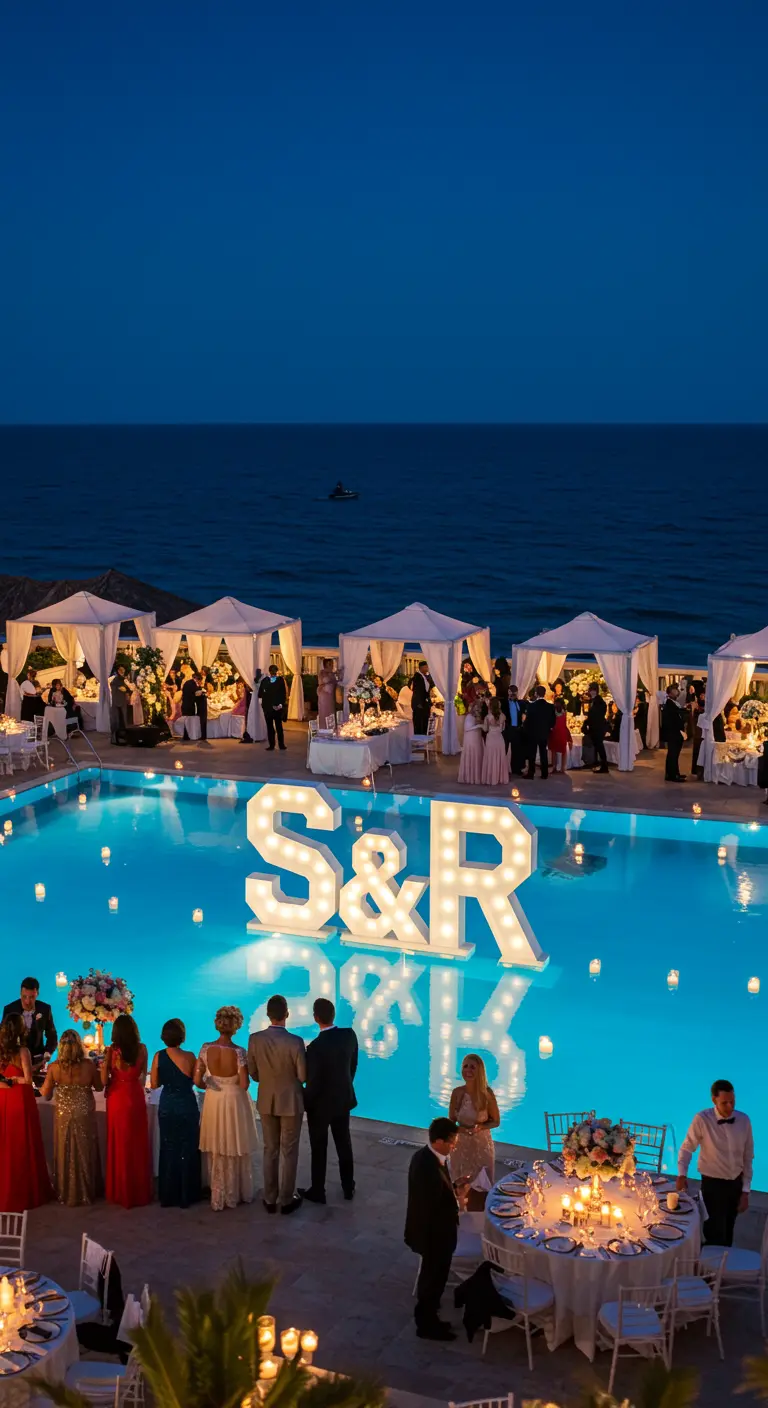Iniciales 'S & R' con luces blancas flotando en una piscina por la noche durante una boda.