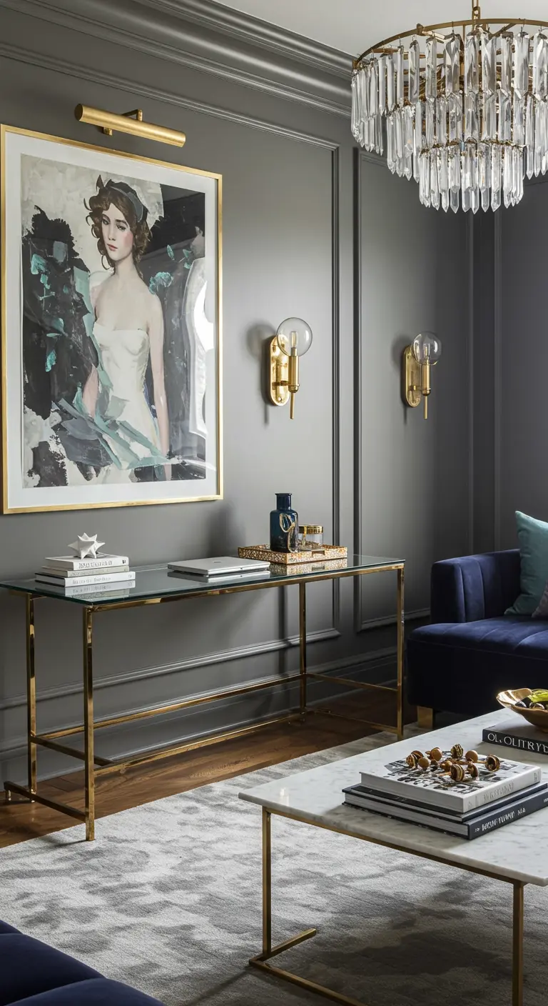 Consola dorada con sobre de cristal usada como escritorio en un salón elegante con paredes grises.