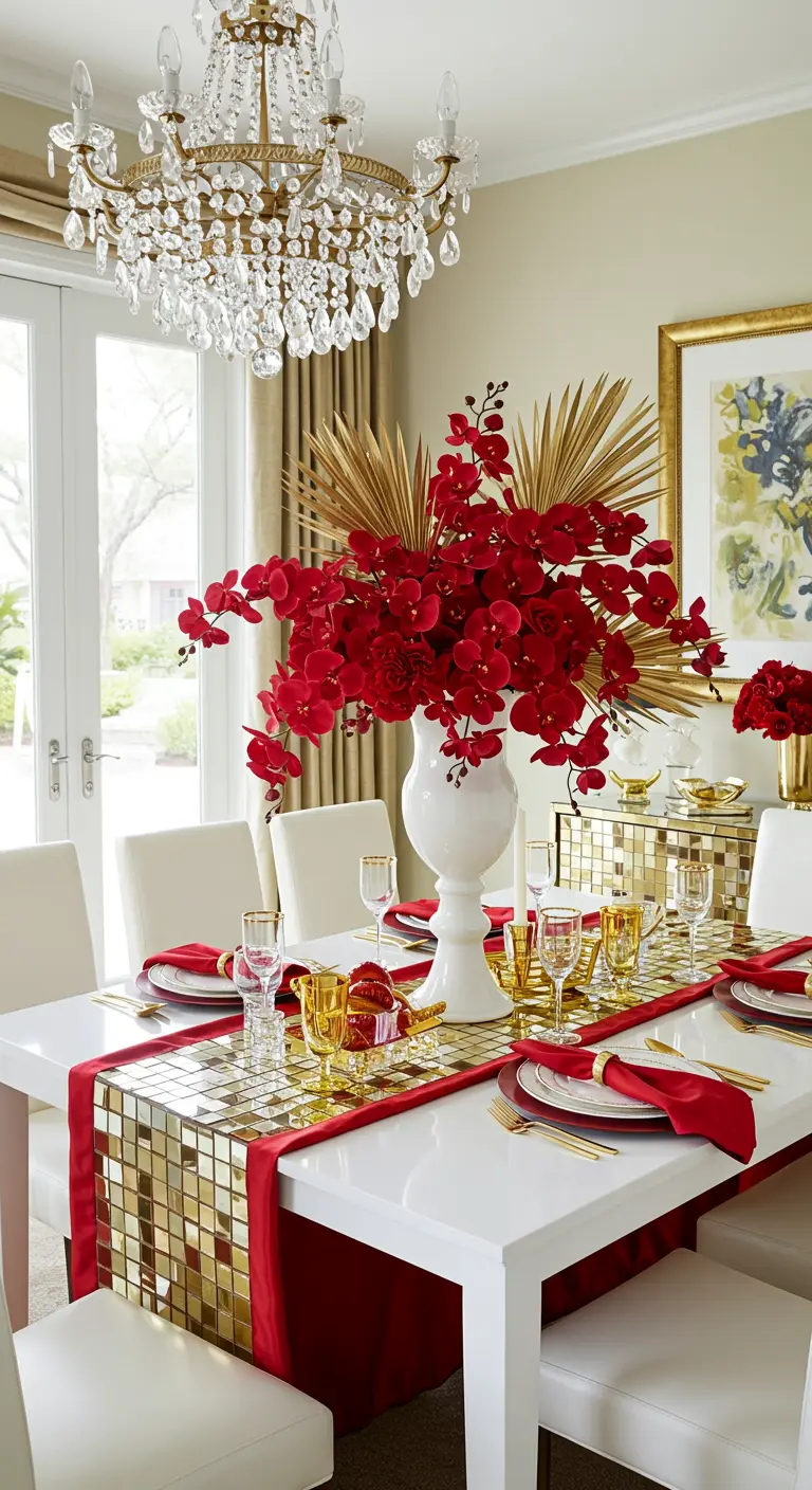 Mesa blanca moderna con camino rojo y otro de teselas doradas, con orquídeas rojas.