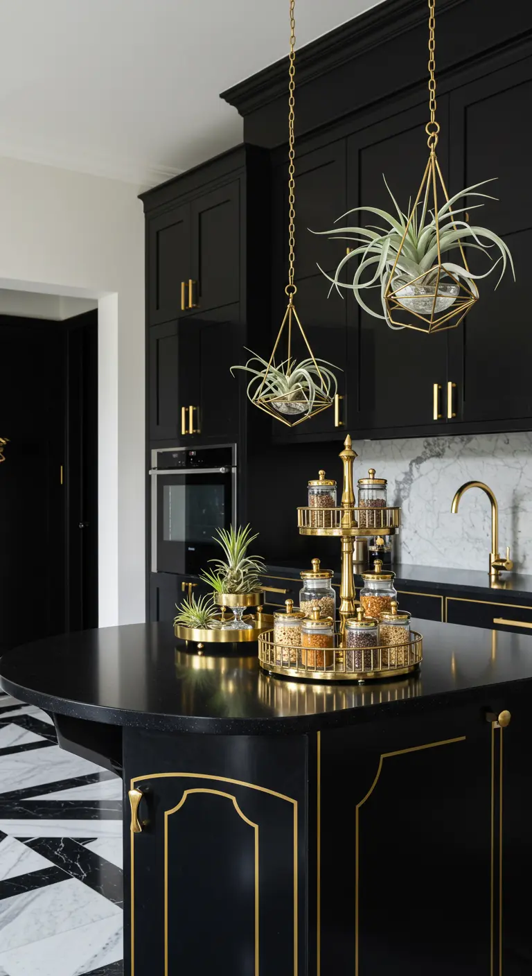 Cocina glamurosa en blanco y negro con detalles dorados y plantas de aire en soportes geométricos.