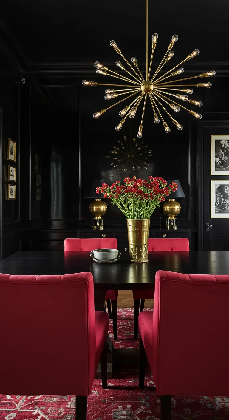 Comedor con paredes negras, sillas de color fucsia intenso y una lámpara Sputnik dorada.