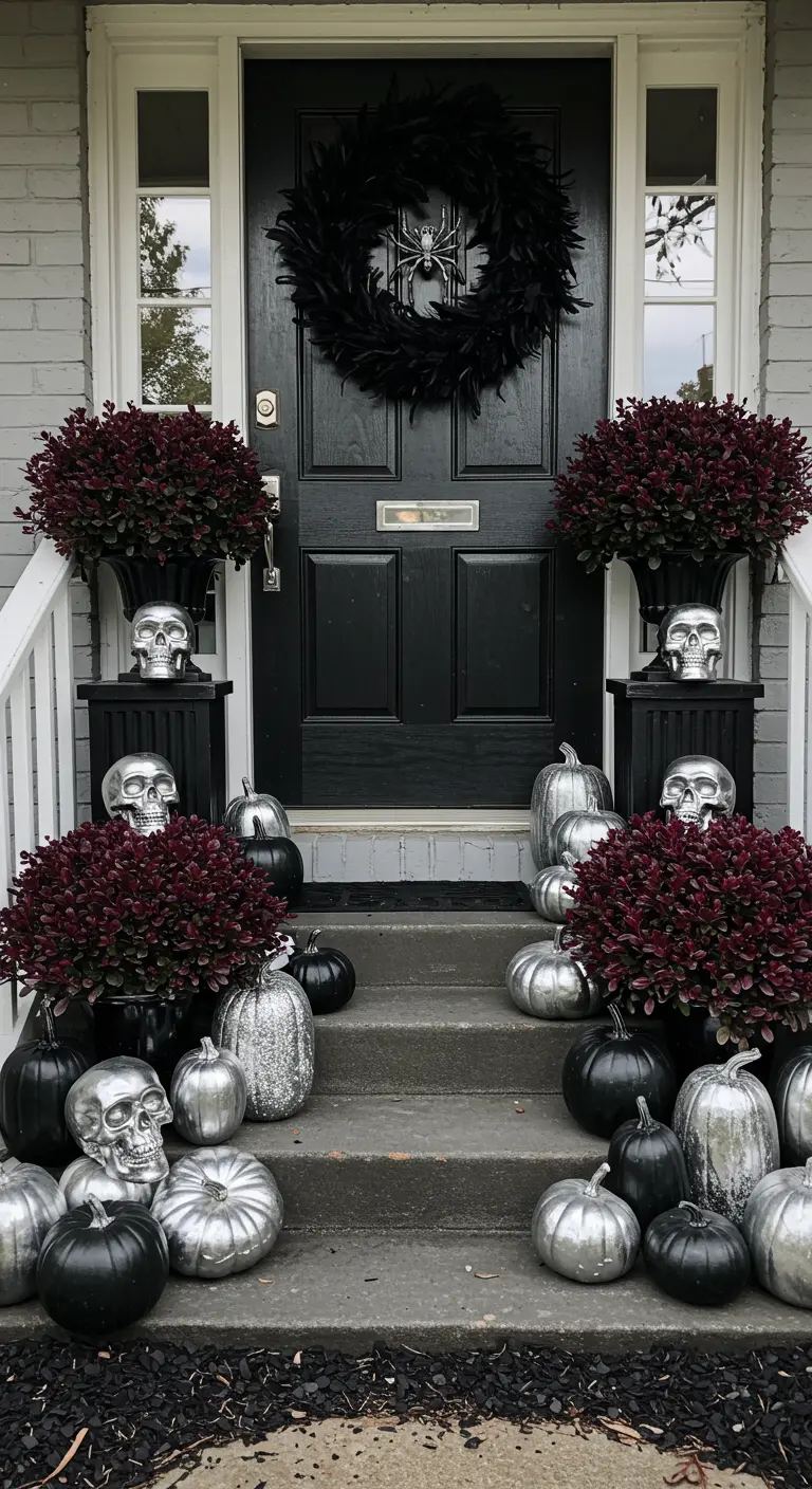 Porche elegante decorado con calabazas negras y plateadas, calaveras y flores de color burdeos.