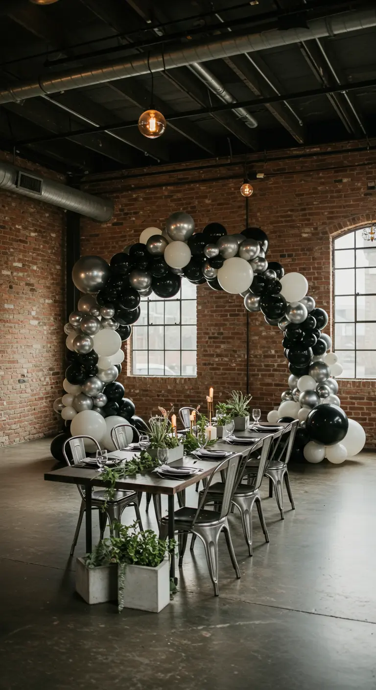 Arco de globos negro, blanco y plata en un loft de ladrillo visto.