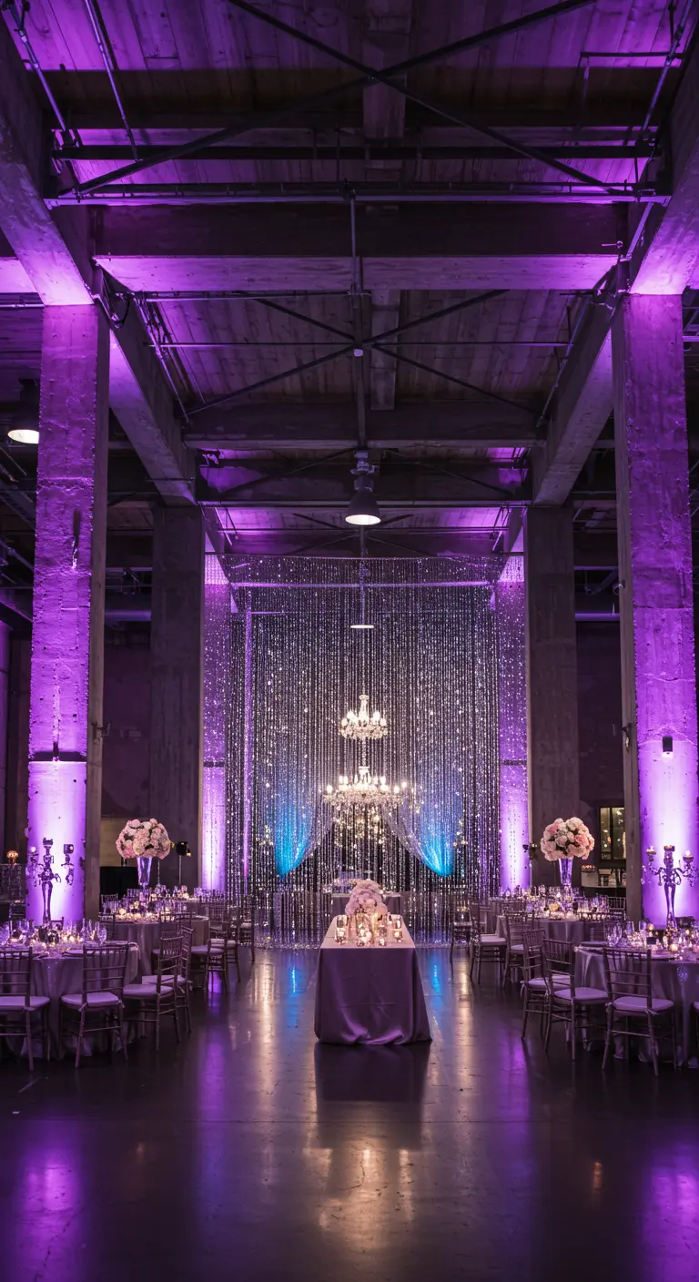 Recepción de boda en un espacio industrial con una cortina de cristales iluminada en morado.