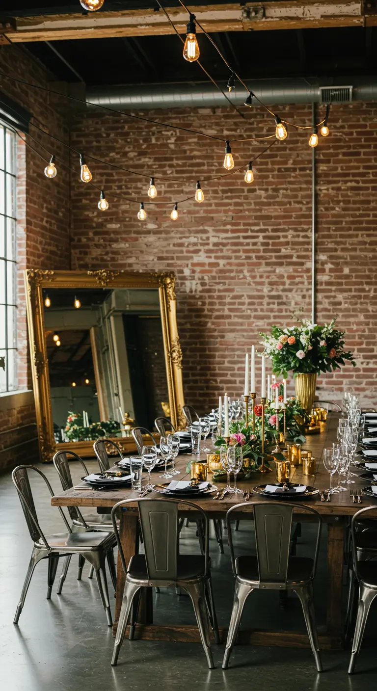 Mesa de comedor larga en un loft industrial con un enorme espejo dorado apoyado en la pared.