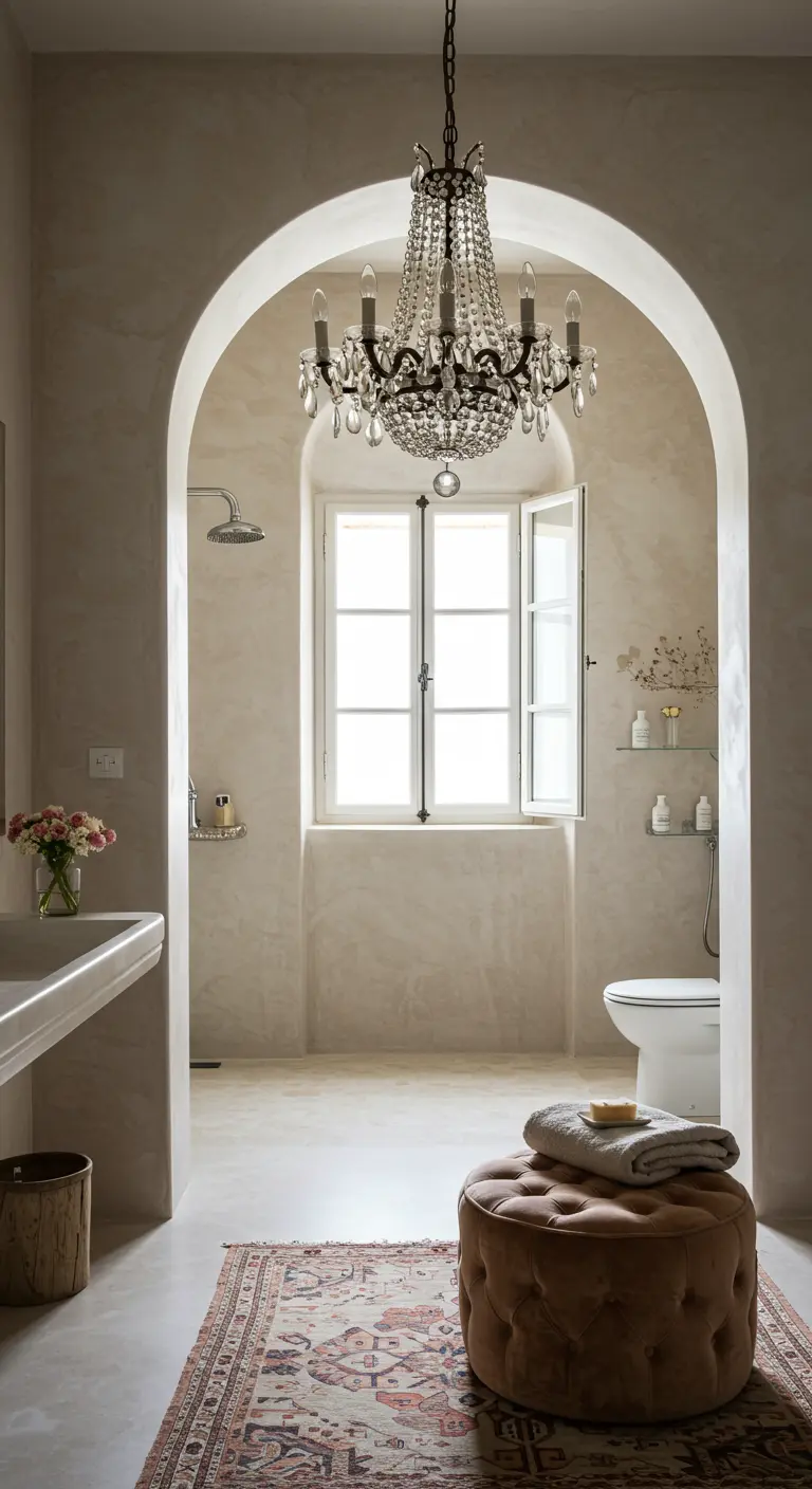Baño de estuco con un gran arco y una sorprendente lámpara de araña de cristal.