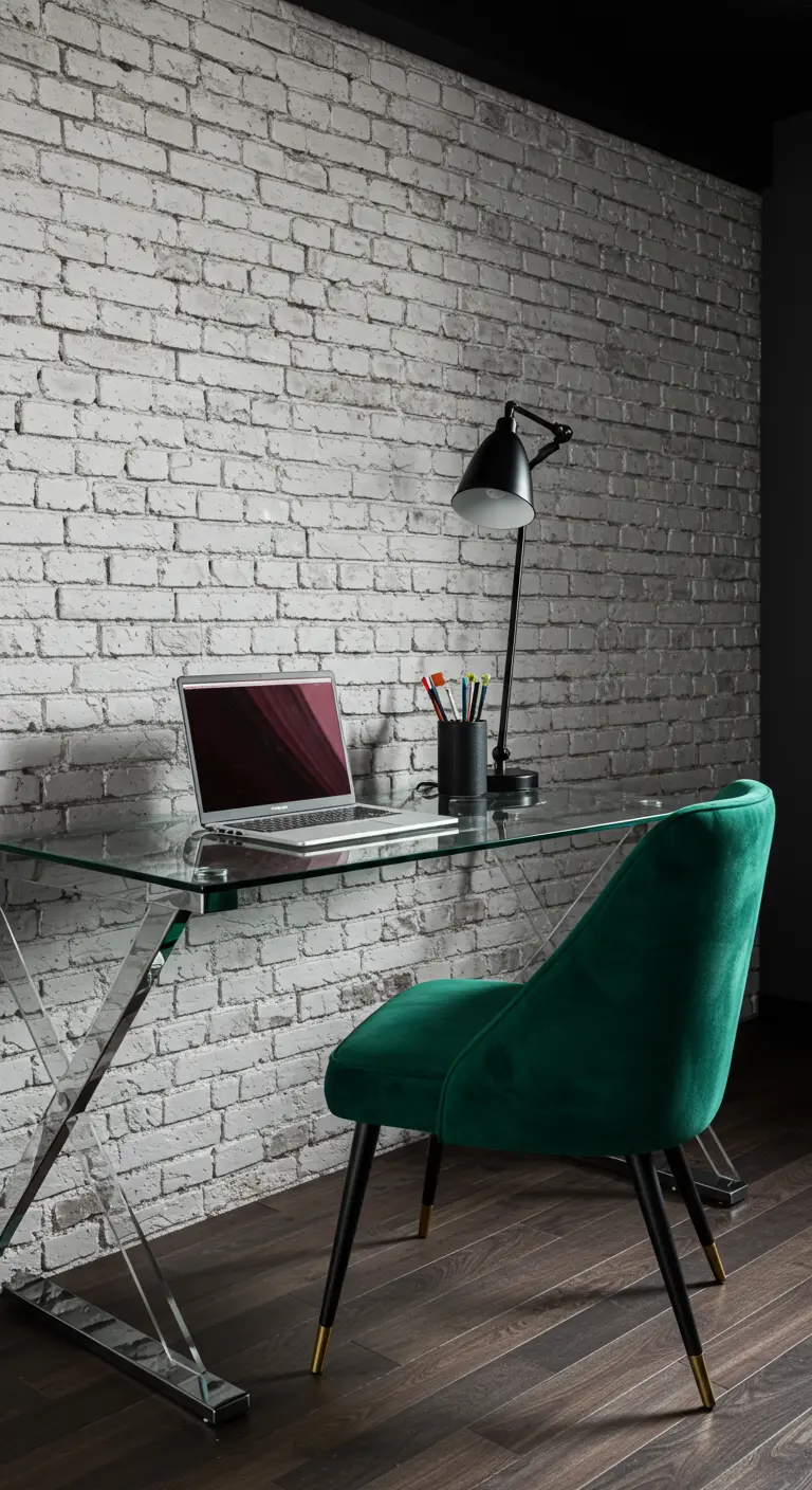 Escritorio de cristal con patas cromadas frente a una pared de ladrillo blanco y una silla de terciopelo verde