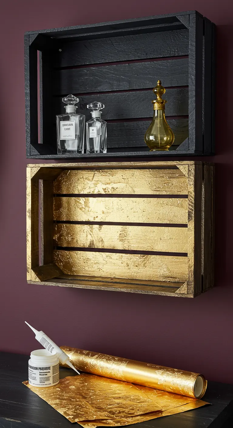 Dos cajas de madera en una pared: una negra mate y otra cubierta con pan de oro brillante.