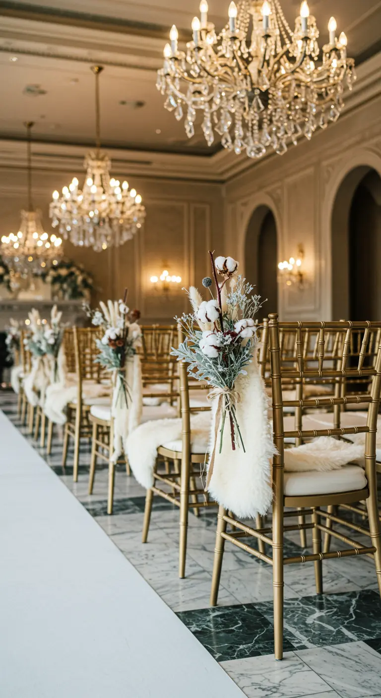 Sillas doradas en un salón con mantas de pelo sintético y ramos de algodón.