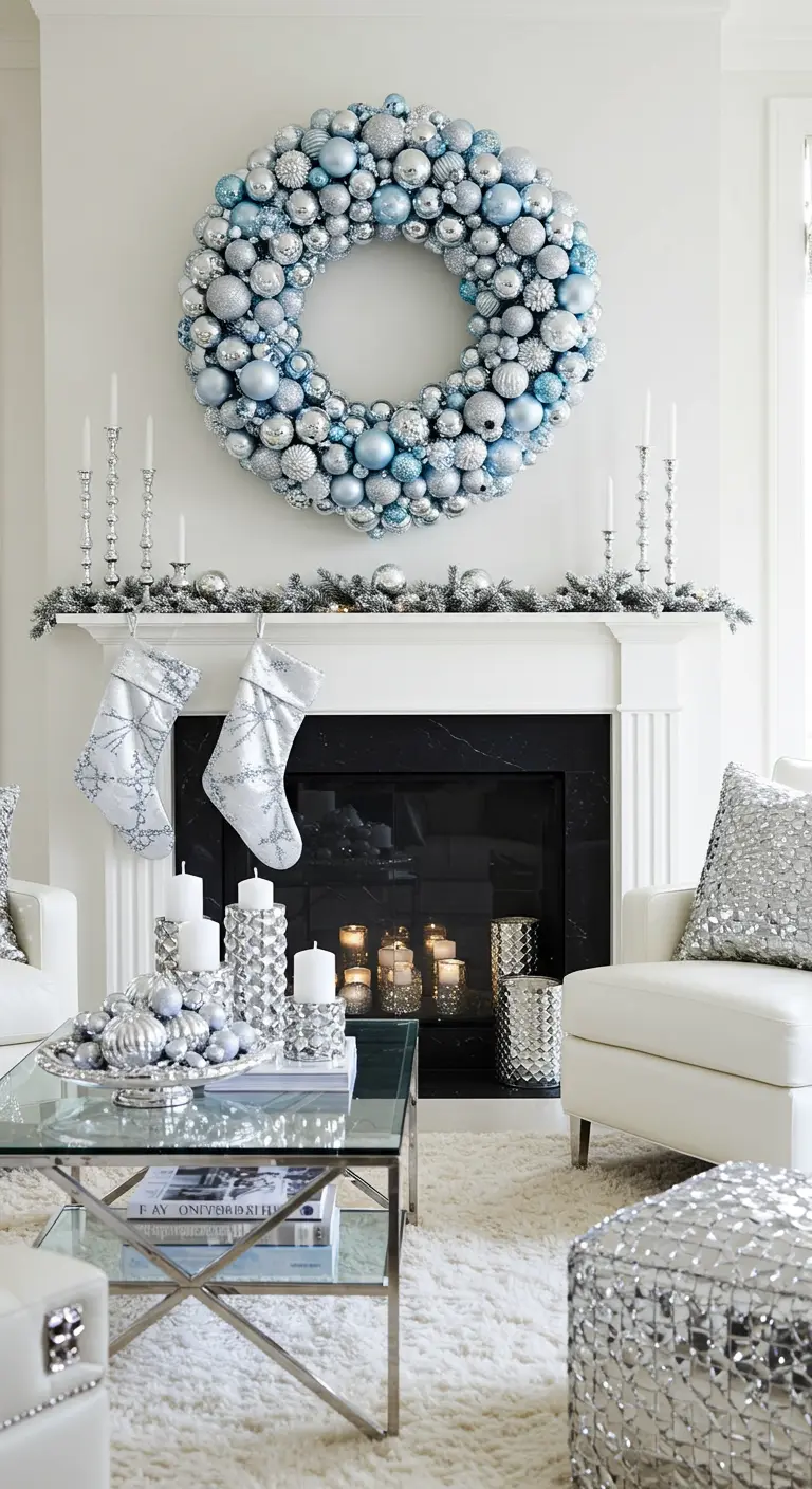 Corona grande y brillante hecha de esferas navideñas azules y plateadas sobre una chimenea.