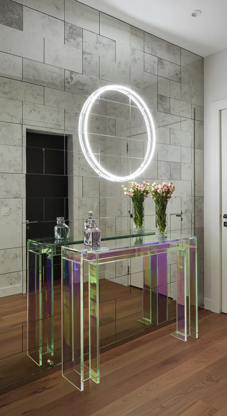 Entrada con pared de azulejos de espejo, un neón circular y una consola de acrílico iridiscente.