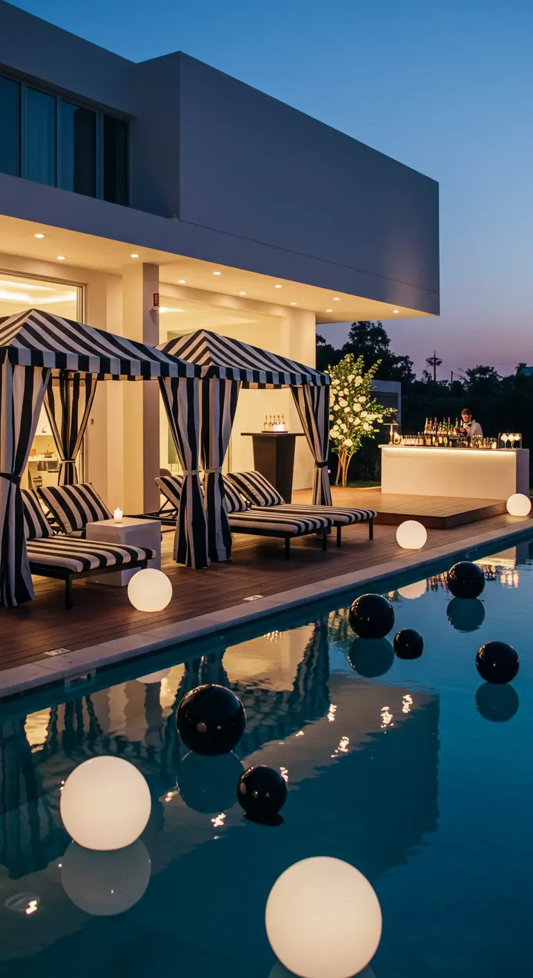 Fiesta nocturna en una piscina con cabanas a rayas y esferas de luz flotantes.