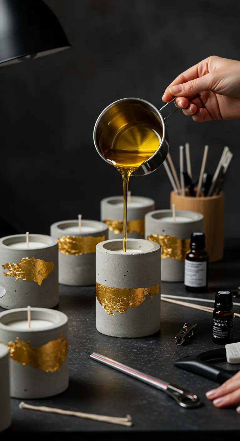 Mano vertiendo cera en recipientes de cemento decorados con pan de oro