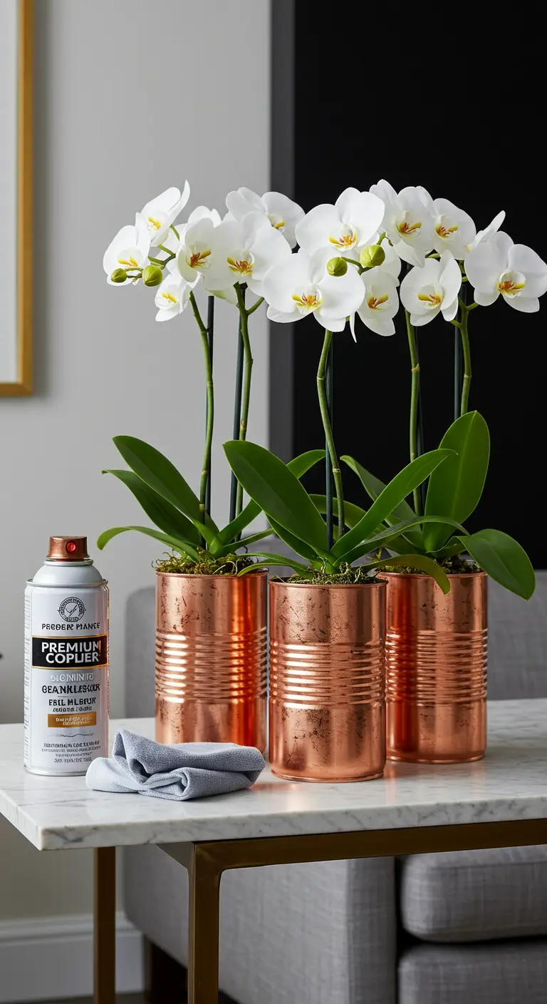Orquídeas blancas en macetas de lata pintadas con spray de color cobre brillante.