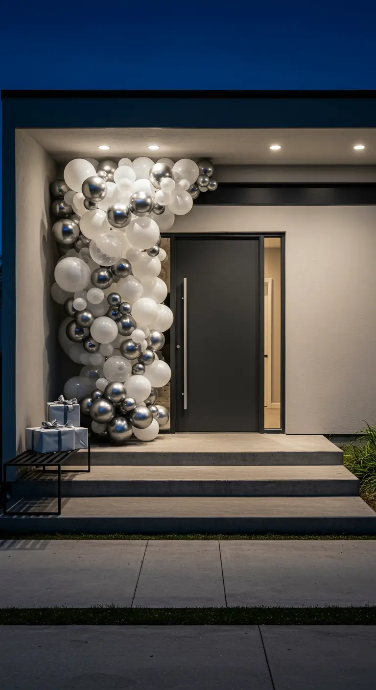 Entrada moderna con un arco de globos plateados y blancos para una fiesta de cumpleaños elegante.