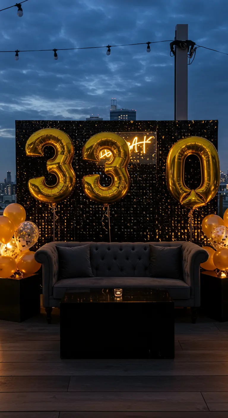 Terraza de noche con globos dorados '330', fondo negro brillante y sofá de terciopelo.