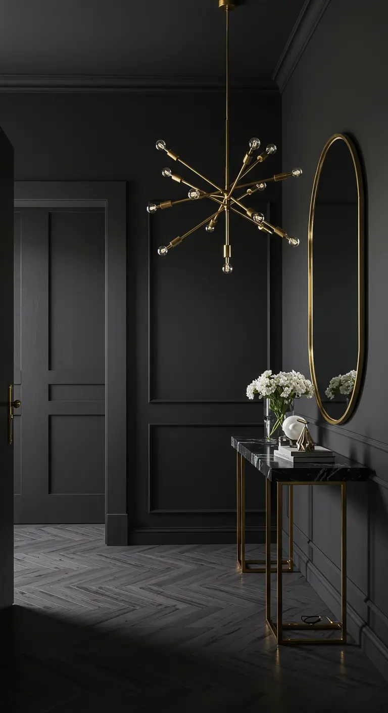 Recibidor elegante completamente negro con una lámpara sputnik y consola en tonos dorados.