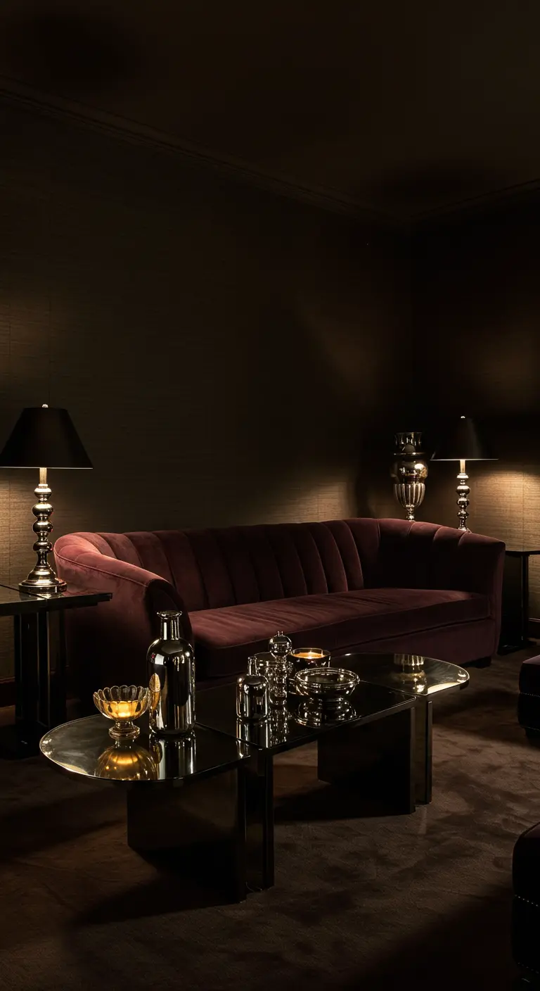 Sala oscura y glamurosa con sofá de terciopelo berenjena y mesa de espejo.