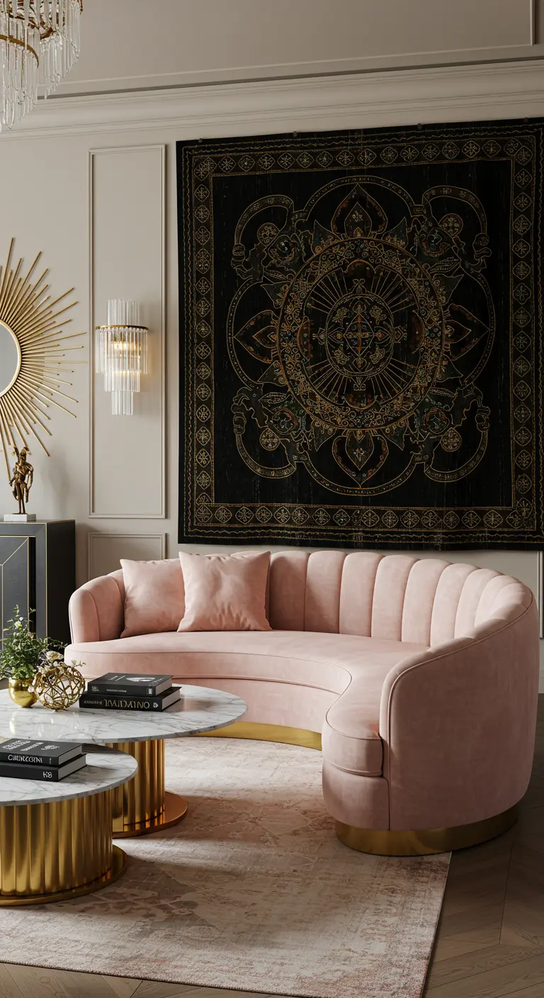 Tapiz negro con un gran mandala dorado en una sala de estar glamurosa con un sofá rosa.