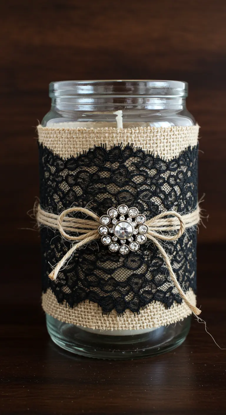 Vela en frasco decorada con arpillera, encaje negro y un broche de pedrería brillante.