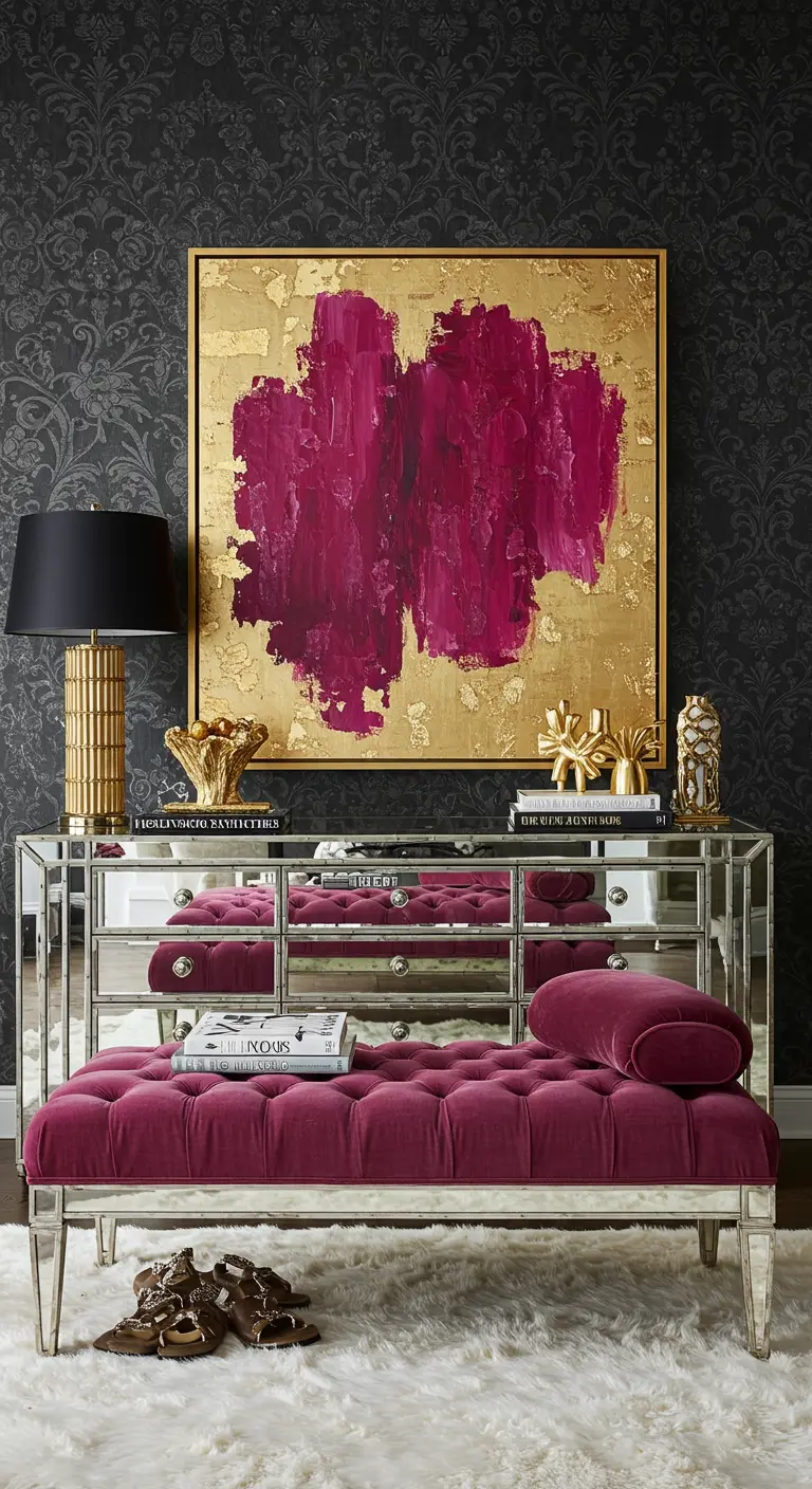 Rincón glamuroso con consola de espejos y un cuadro abstracto en magenta y dorado.