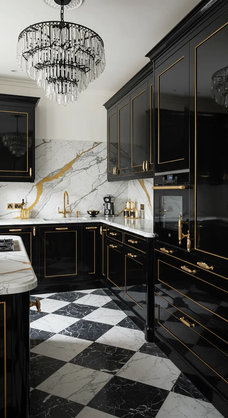 Cocina de lujo con armarios negros lacados, detalles dorados y suelo de mármol ajedrezado.
