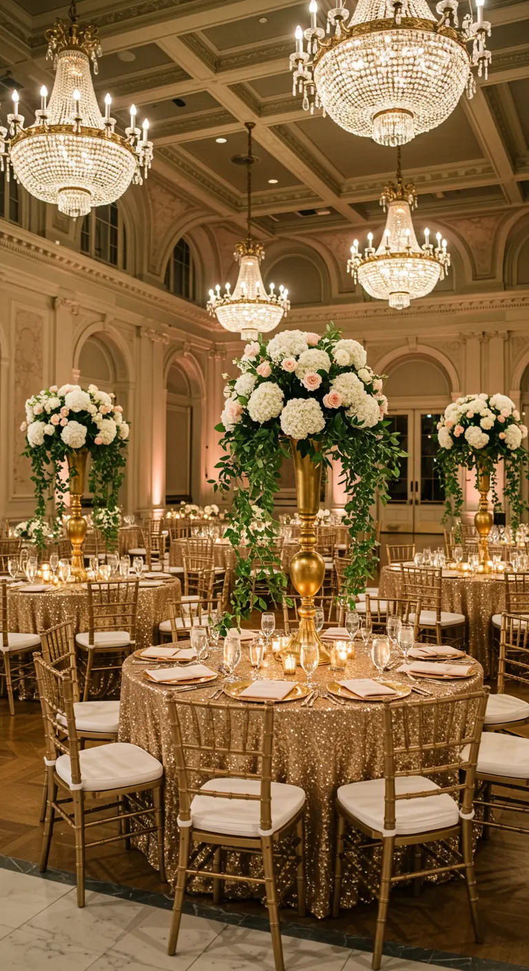 Salón de bodas de lujo con mesas redondas cubiertas de manteles dorados y candelabros de cristal.