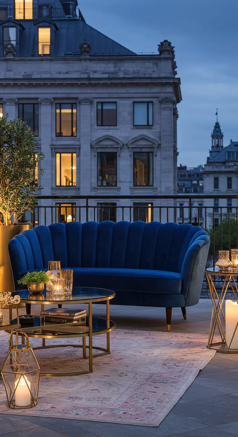 Terraza elegante con sofá de terciopelo azul, mesas doradas y faroles con velas por la noche.