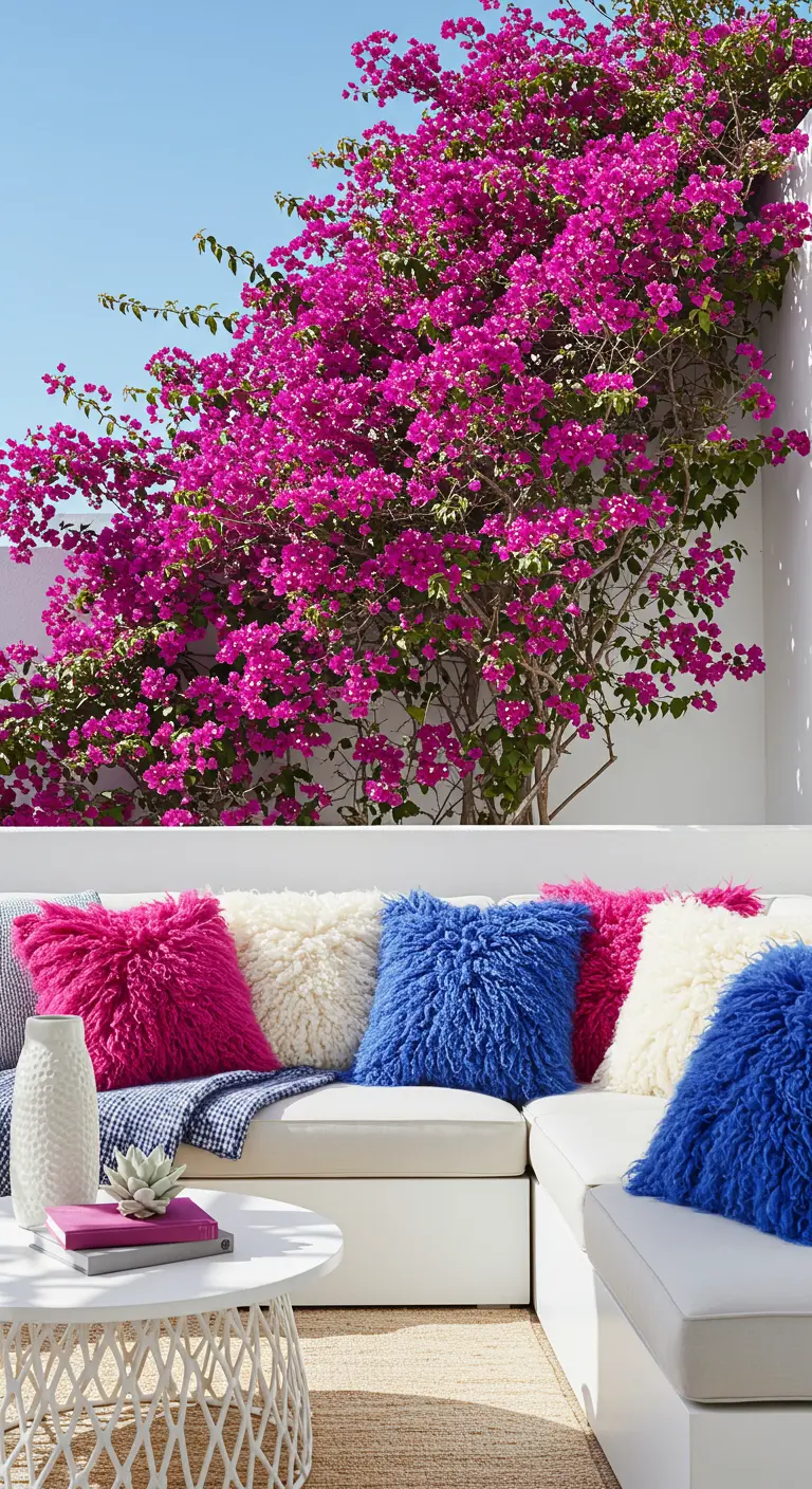 Sofá blanco en exterior con cojines peludos de colores fucsia, azul y blanco.