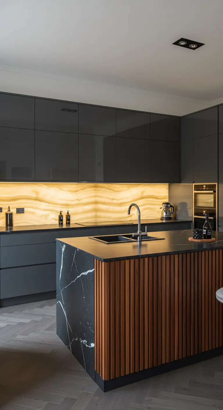 Cocina moderna con isla de listones de madera, armarios grises y salpicadero de ónix retroiluminado.