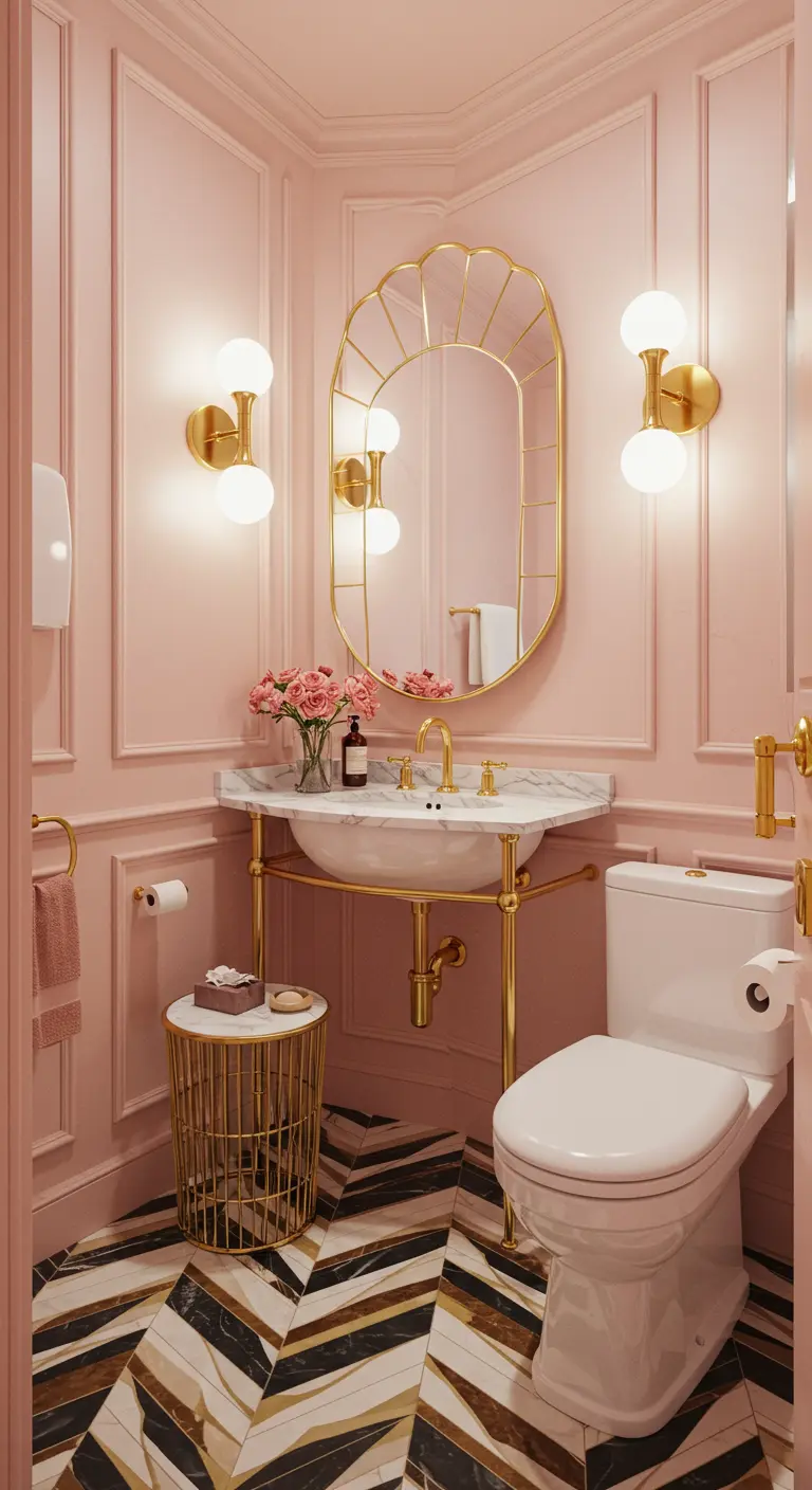 Baño pequeño Art Déco en tonos rosa y dorado, con molduras y suelo geométrico