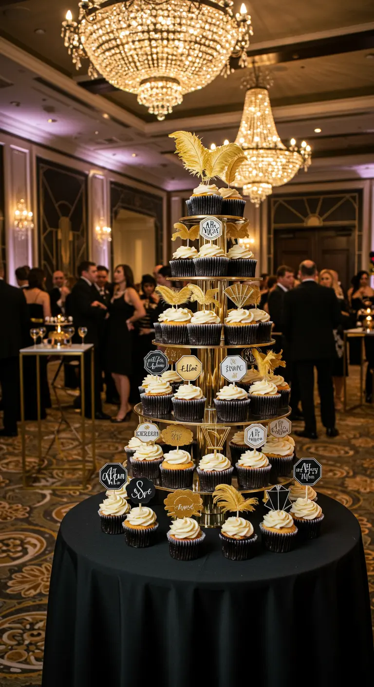 Torre de cupcakes elegante en una fiesta estilo Gran Gatsby con toppers dorados y negros.