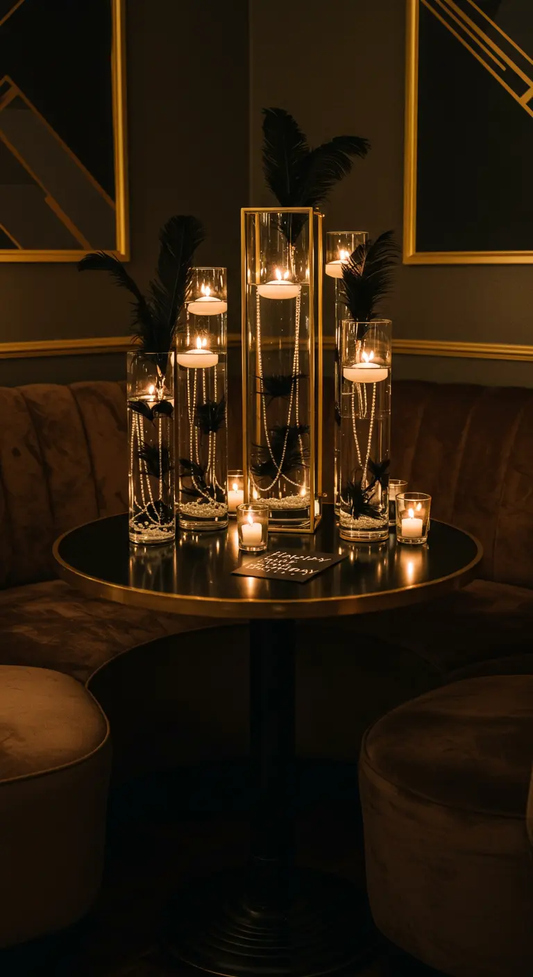 Decoración glamurosa con velas flotantes en jarrones altos con plumas negras y perlas.