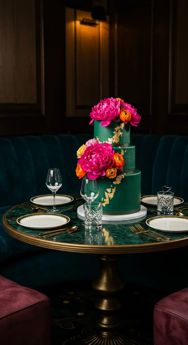 Pastel verde de tres pisos con peonías fucsias y detalles dorados en un bar elegante.