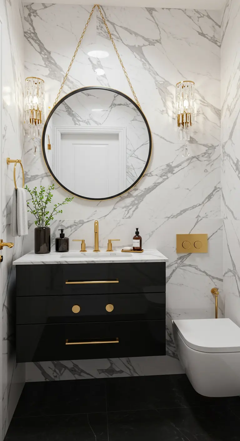Baño elegante con mueble flotante negro, detalles dorados y pared de mármol.