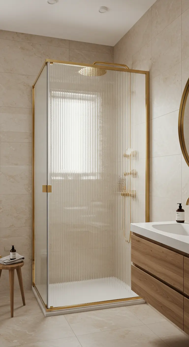 Ducha con mampara de vidrio estriado y perfilería dorada en un baño de tonos neutros.