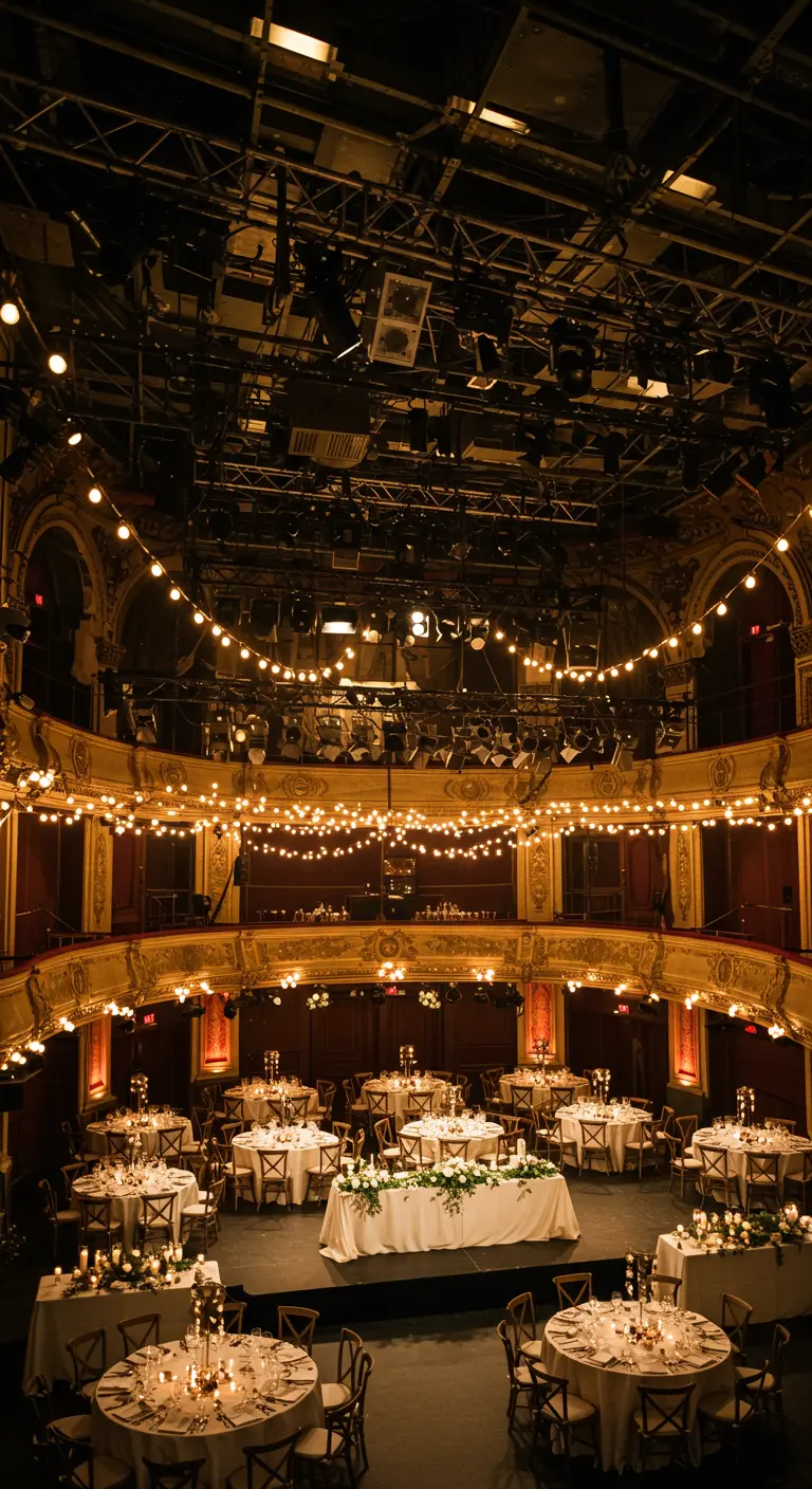 Recepción de boda en un teatro antiguo con guirnaldas de bombillas grandes decorando los balcones.