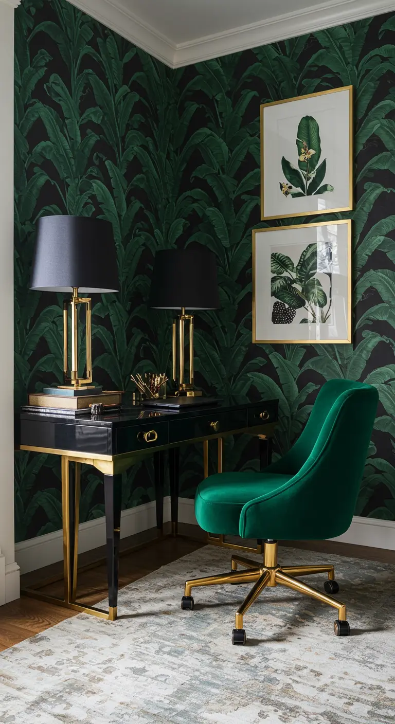 Oficina de lujo con papel tapiz de hojas de banano, escritorio negro y dorado, y silla de terciopelo verde.