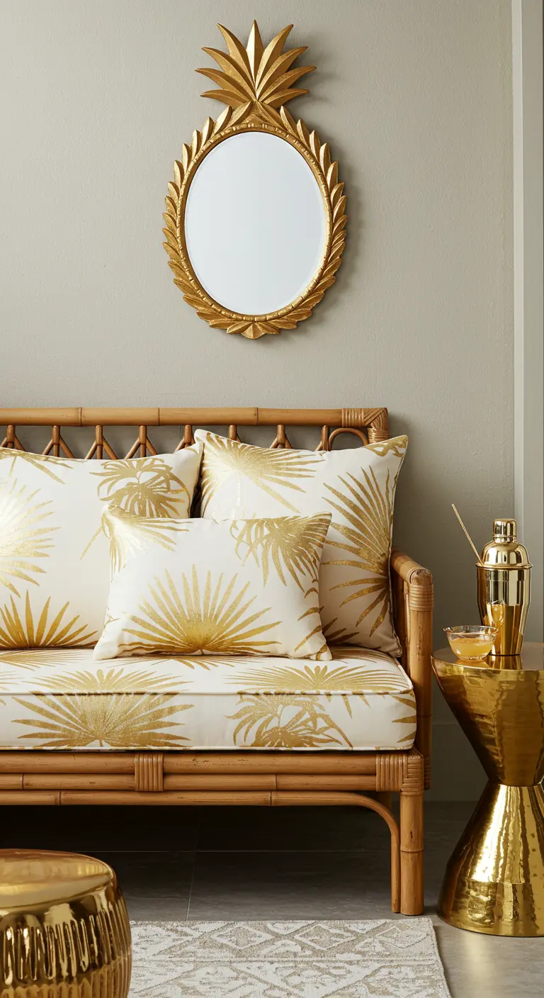Rincón de balcón con sofá de ratán, espejo dorado en forma de piña y cojines con estampado de palmeras.