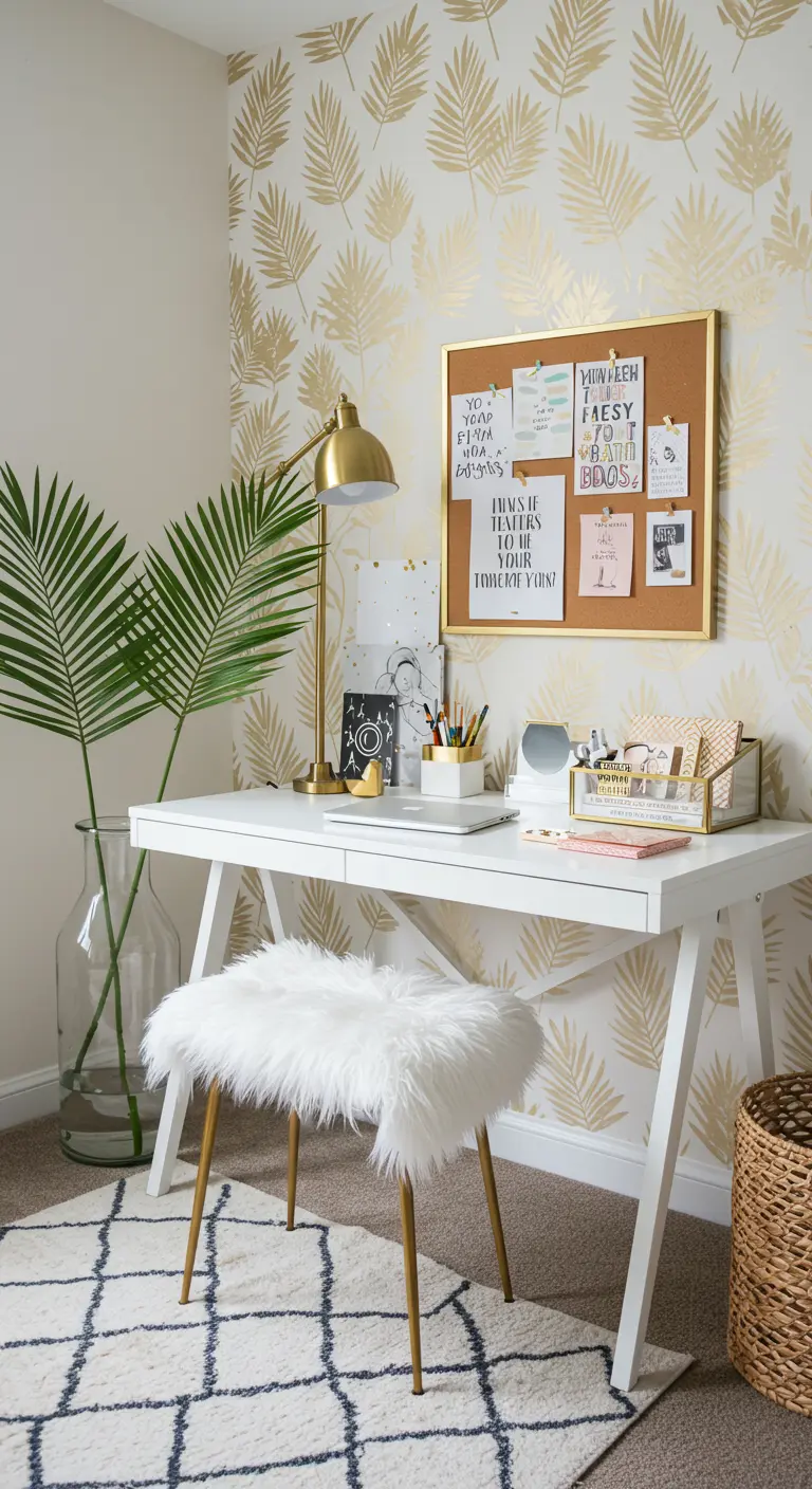 Oficina boho-glam con papel pintado de palmeras doradas y silla de pelo sintético.