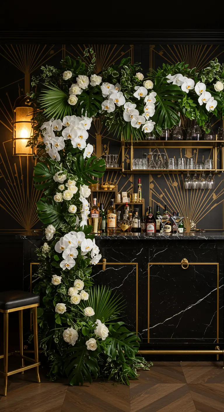 Bar de estilo Art Deco enmarcado por una exuberante guirnalda de orquídeas blancas.