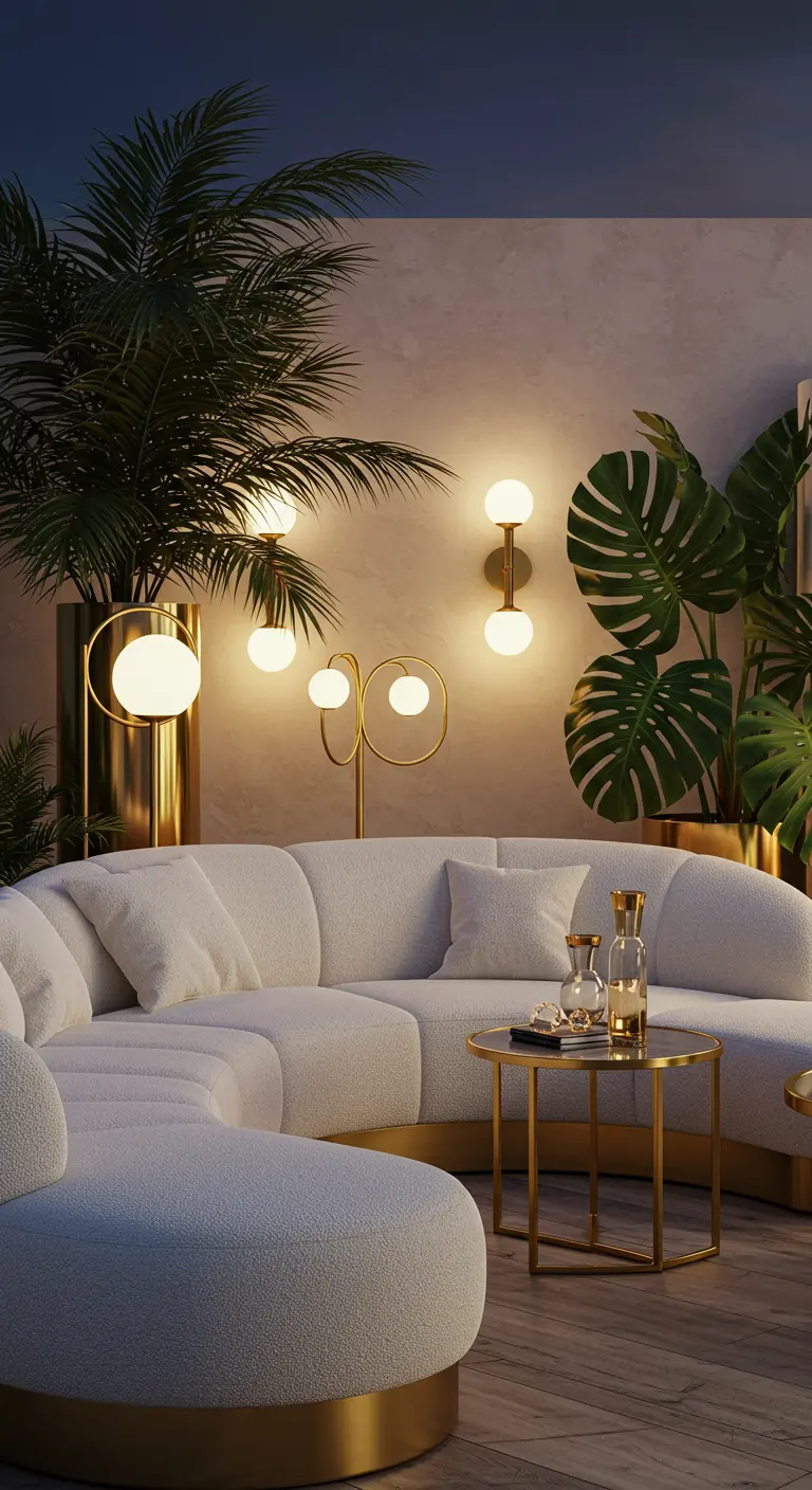 Interior lujoso con sofá curvo de tela blanca, detalles dorados y grandes plantas tropicales.