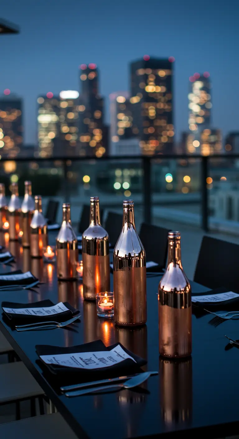 Portavelas de botella de vino en oro rosa metálico sobre una mesa en una azotea de la ciudad.