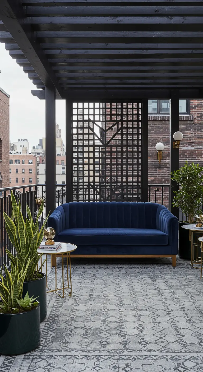 Balcón con pérgola negra, sofá de terciopelo azul y detalles dorados.